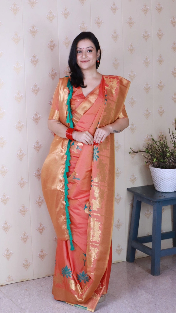 Traditional Pichwai Soft Silk Saree with Kamdhenu Pattern & Zari Border