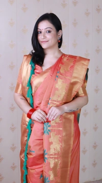 Traditional Pichwai Soft Silk Saree with Kamdhenu Pattern & Zari Border - FREE, PEACH