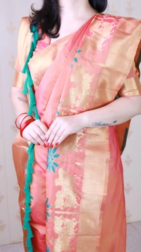 Traditional Pichwai Soft Silk Saree with Kamdhenu Pattern & Zari Border - FREE, PEACH