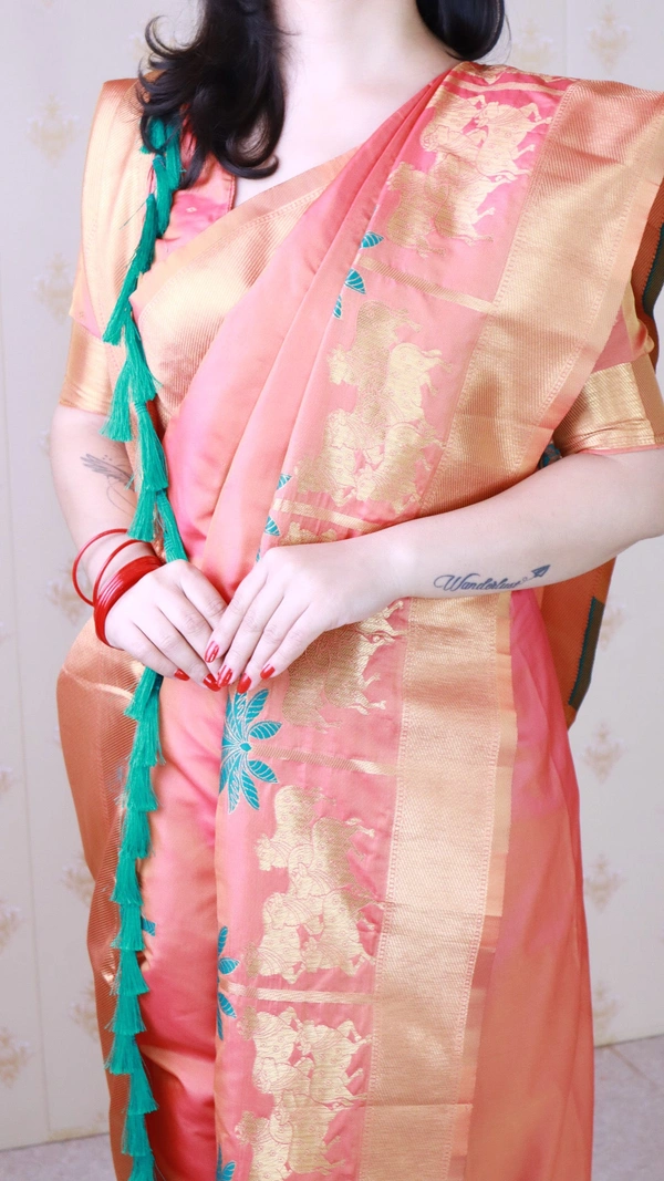 Traditional Pichwai Soft Silk Saree with Kamdhenu Pattern & Zari Border - FREE, PEACH