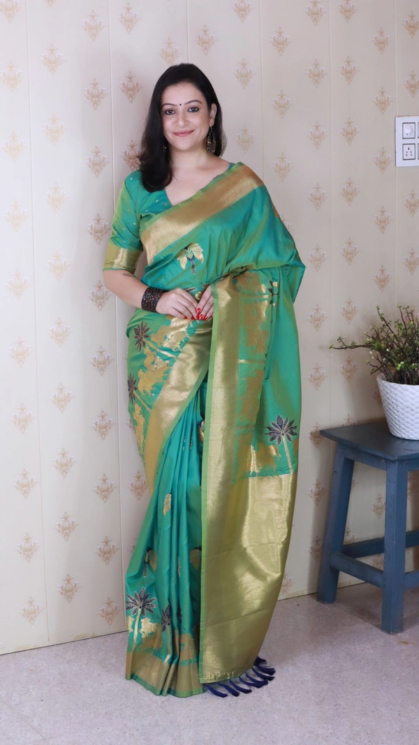 Traditional Pichwai Soft Silk Saree with Kamdhenu Pattern & Zari Border