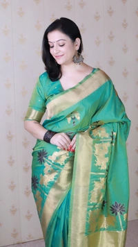 Traditional Pichwai Soft Silk Saree with Kamdhenu Pattern & Zari Border - FREE, GREEN