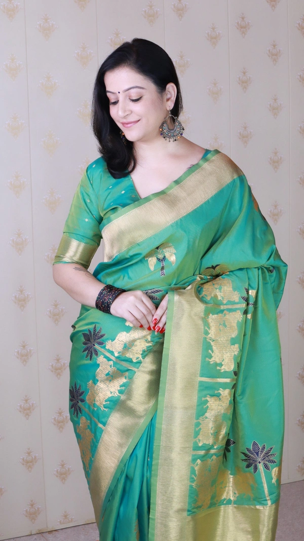 Traditional Pichwai Soft Silk Saree with Kamdhenu Pattern & Zari Border - FREE, GREEN
