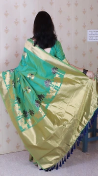 Traditional Pichwai Soft Silk Saree with Kamdhenu Pattern & Zari Border - FREE, GREEN
