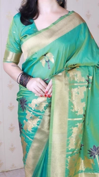 Traditional Pichwai Soft Silk Saree with Kamdhenu Pattern & Zari Border - FREE, GREEN