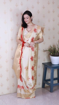 Traditional Pichwai Soft Silk Saree with Kamdhenu Pattern & Zari Border - FREE, CREAM