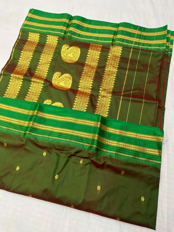 Traditional Weave Narayanpeth Saree with Elegant Zari Trims - Free, Olive Green