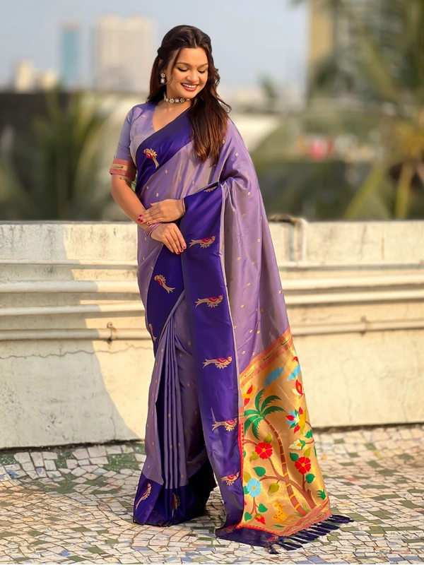 Trending Soft Silk Collection � Nature Inspired Pichwai Pallu with Contrast Parrot Border - FREE, VIOLET
