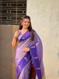 Trending Soft Silk Collection � Nature Inspired Pichwai Pallu with Contrast Parrot Border - FREE, VIOLET