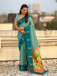 Trending Soft Silk Collection � Nature Inspired Pichwai Pallu with Contrast Parrot Border - FREE, SKY