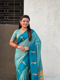 Trending Soft Silk Collection � Nature Inspired Pichwai Pallu with Contrast Parrot Border - FREE, SKY
