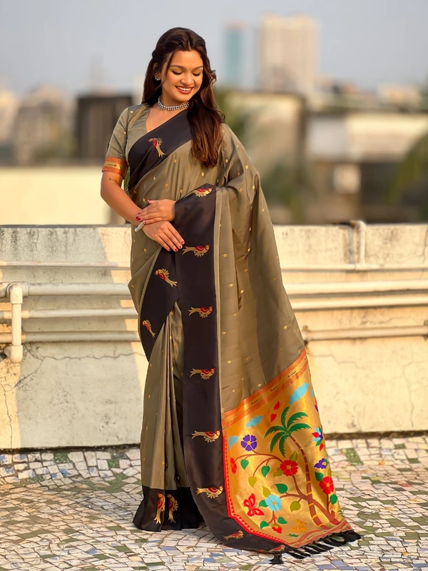 Trending Soft Silk Collection � Nature Inspired Pichwai Pallu with Contrast Parrot Border - FREE, GREY