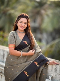 Trending Soft Silk Collection � Nature Inspired Pichwai Pallu with Contrast Parrot Border - FREE, GREY