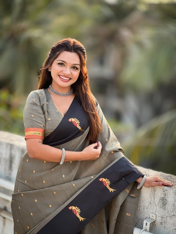 Trending Soft Silk Collection � Nature Inspired Pichwai Pallu with Contrast Parrot Border - FREE, GREY