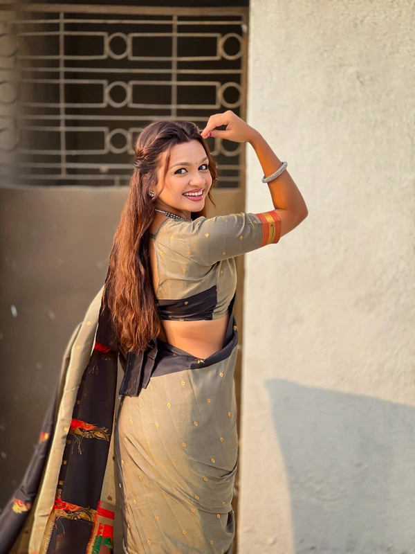 Trending Soft Silk Collection � Nature Inspired Pichwai Pallu with Contrast Parrot Border - FREE, GREY