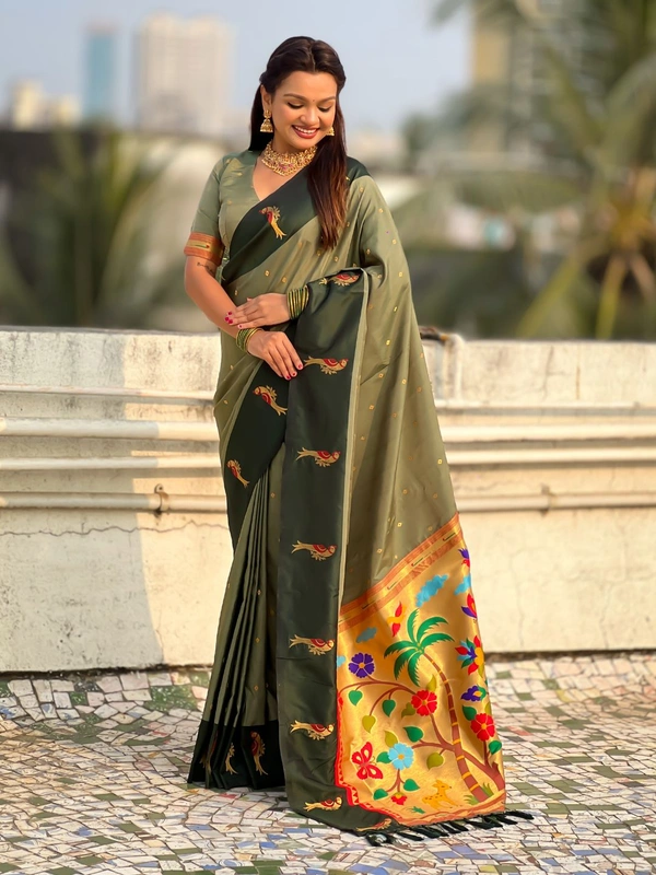 Trending Soft Silk Collection � Nature Inspired Pichwai Pallu with Contrast Parrot Border - FREE, GREEN