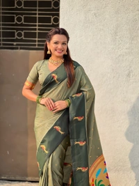 Trending Soft Silk Collection � Nature Inspired Pichwai Pallu with Contrast Parrot Border - FREE, GREEN