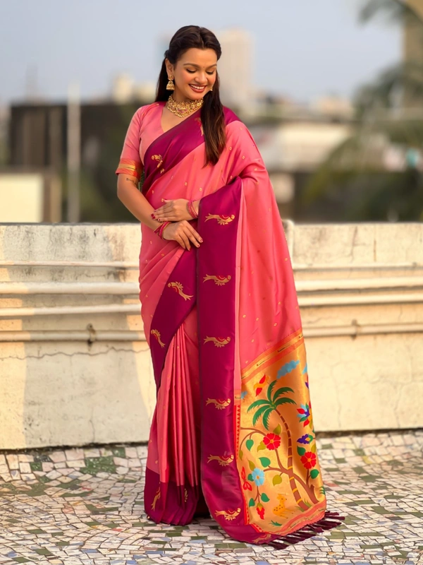 Trending Soft Silk Collection � Nature Inspired Pichwai Pallu with Contrast Parrot Border - FREE, BABY PINK