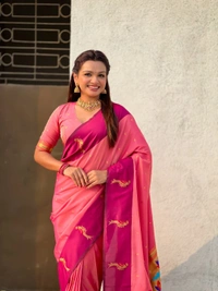 Trending Soft Silk Collection � Nature Inspired Pichwai Pallu with Contrast Parrot Border - FREE, BABY PINK