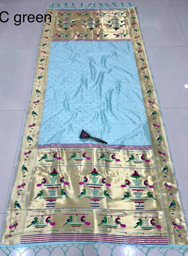 Trendy Sea Green Soft Silk Dupatta with Beautiful Traditional Indian Motif Heavy Gold Zari Border - 2.5mt, Sea Green