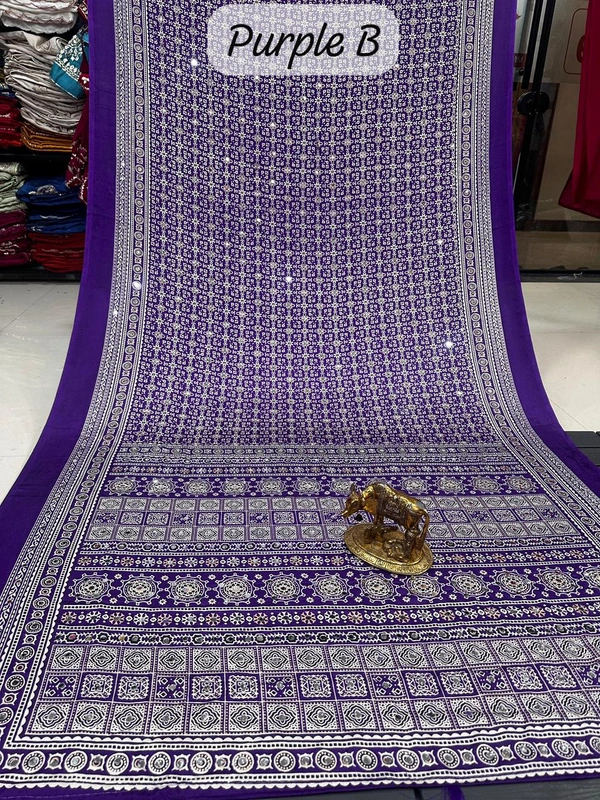 Vaidehi Royal Purple Ajrakh Saree with Classic Handblock Motifs and Elegant Mirror Work Accentuated Pallu - Free, Purple