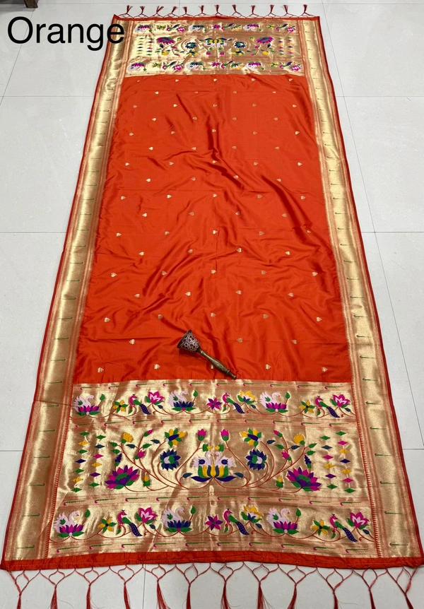 Vibrant Orange Soft Silk Handloom Style Paithani Dupatta with Elaborate Zari Work and Tassels - 2.5mt, Orange