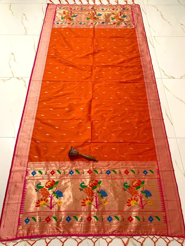 Vibrant Orange Soft Silk Yeola Paithani Dupatta with Heavy Zari Work - 2.5mt, Orange