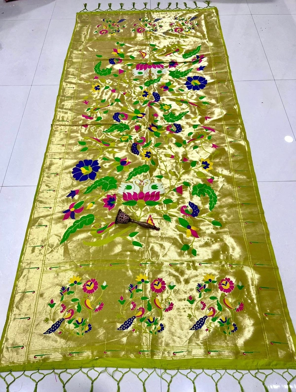 Vibrant Parrot Green Soft Silk Paithani Dupatta with Royal Gold Tissue Pallu and Lotus Motifs - 2.5mt, Parrot Green