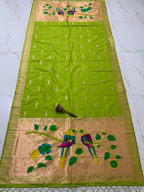Vibrant Parrot Green Soft Silk Paithani Dupatta with Classic Multi-Colour Motif Zari - 2.5mt, Parrot Green