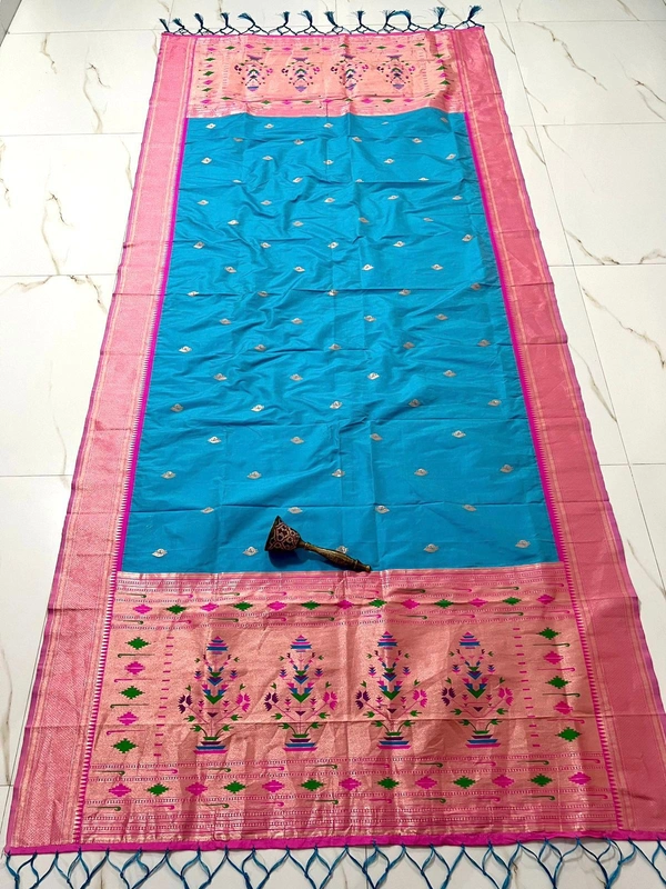 Vibrant Sky Blue Soft Silk Dupatta with Traditional Indian Flower Pot Motif Grand - 2.5mt, Sky Blue