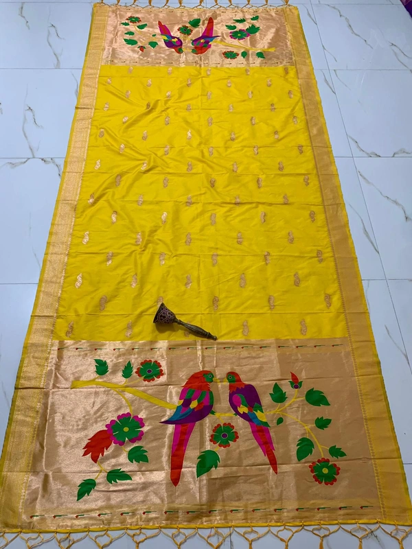Vibrant Yellow Soft Silk Paithani Dupatta with Beautiful Multi-Colour Motif Heavy. - 2.5mt, Yellow