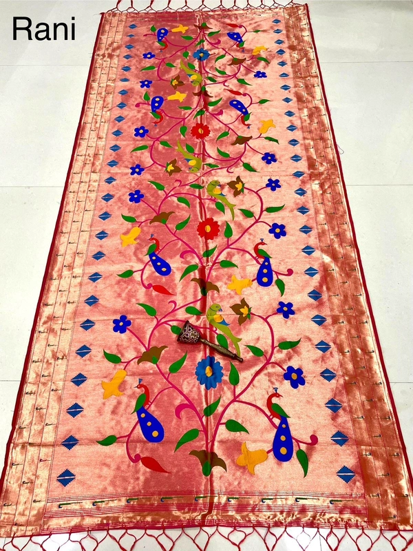 Wedding Wear Rani Pink Paithani Silk Dupatta with Intricate Floral Vines & Traditional Zari Border - 2.5mt, RANI