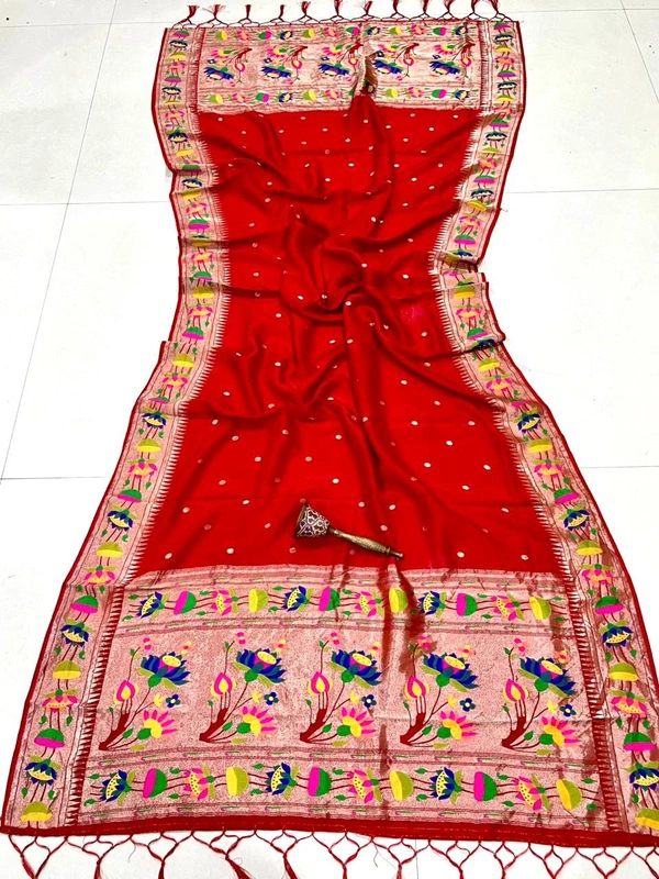 Wedding Wear Red Dupatta Silk Saree with Golden Zari Butta & Royal Floral Pallu - 2.5mt, RED
