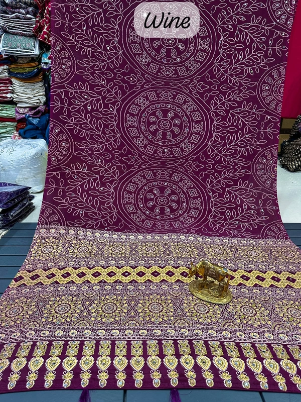 Wine Premium Bandhani Saree with Sparkling Mirror Work Details, Heritage Traditional Motifs and Luxury Zari Weave Pallu - Free, Wine