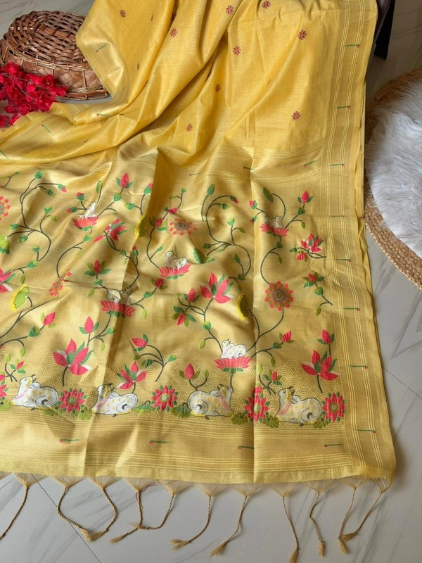 Shanaya Soft Linen Cotton Saree with Zari Woven Muniya Border & Pichwai Art - FREE, Golden Yellow