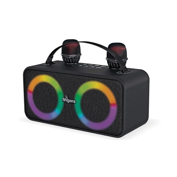SKU-0284/ SPEAKERS- FINGERS 2Mic-Karaoke Portable Speaker with 2 Wireless Mics (RGB Lights, 6-Hour Playback, 24 W Intense Bass, Bluetooth® | USB | MicroSD | FM Radio) – Rich Black
