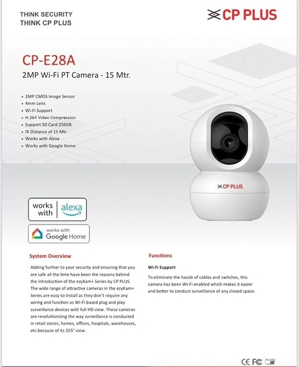 CCTV- WIFI CAMERA- CP PLUS 2MP Full HD Wi-fi CCTV Camera | 360°View PT Camera | Motion Tracking | Cloud Monitoring | 2-Way Talk, Night Vision| Support SD Card (Up to 256 GB) | Privacy Mode - CP-E28A