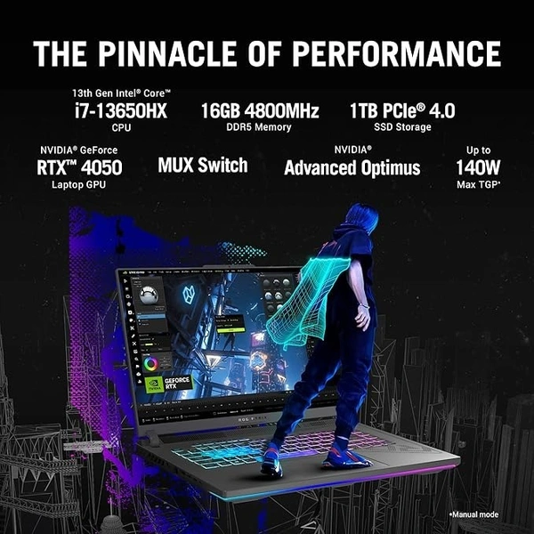 CORE I7- 13TH GEN- ASUS ROG Strix G16 (2023) 90WHr Battery, Intel Core i7-13650HX 13th Gen, 16" FHD+ 165Hz, 6GB RTX 4050, Gaming Laptop (16GB/1TB SSD/Windows 11/Office 2021/4-Zone RGB/Gray/2.50 Kg), G614JU-N3200WS