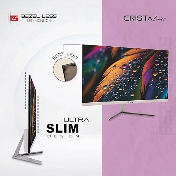 SKU-0203/ SIZE- 22"- Zebion FHD Led Frameless Monitor Crista Series, IPS Panel, 1920x1080 Pixel with Max Resolution, HDMI, VGA, Wall Mountable, Fast Response Time, 3 Year Warranty (22-Inch, 75Hz)