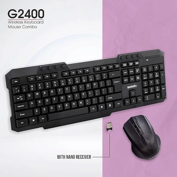 SKU-0207/ COMBO- WIRELESS- ZEBION G2400 Wireless Keyboard Mouse Combo with Nano Receiver, Tested with Over 1 Billion keystrokes and clicks,Durable Body, Multimedia Keyboard, Adjustable DPI, 1 Year Warranty, Black Color