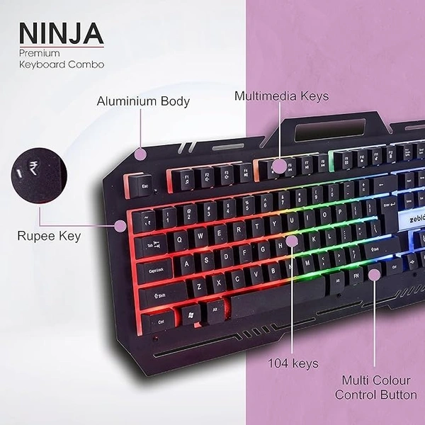SKU-0208/ COMBO- WIRED- GAMING- Zebion Ninja Gaming Keyboard and Mouse Combo,Braided Cable,Durable Metal Body,Multimedia Keys and Gaming Mouse with 6 Buttons, Multi-Color LED Lights, High-Resolution Sensor with 3200 DPI (Black)
