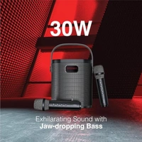 SKU-0283/ SPEAKERS- FINGERS 2Mic-GrooveBox Portable Speaker with 2 Wireless Mics (6.5 -Hour Playback, 20 W Intense Bass, Recording Feature, Bluetooth® | USB | MicroSD | FM Radio | AUX) – Rich Black