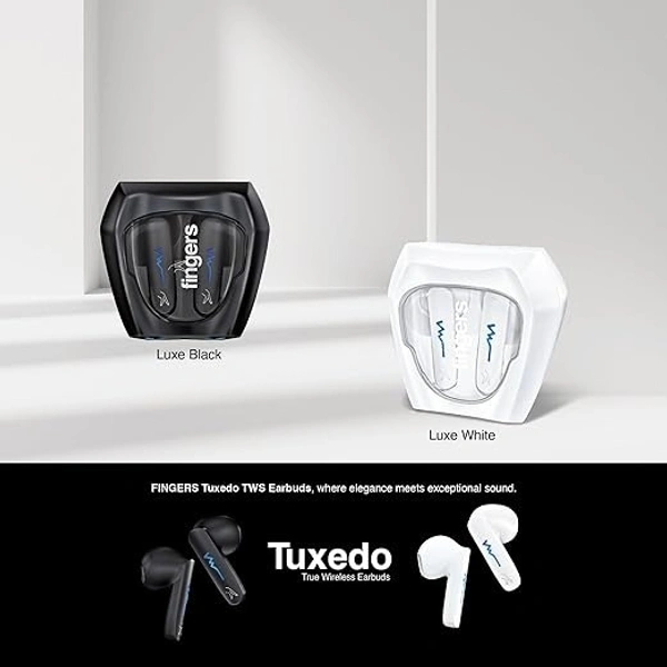SKU-0313/ EARBUDS- FINGERS Tuxedo TWS Earbuds with 32-Hour Playtime, Fast Charging, 13mm Neodymium Drivers, Surround Noise Cancellation (SNC Technology) Built-in Mic, IPX4 Sweat Resistant, Voice Assistant (Luxe Black)