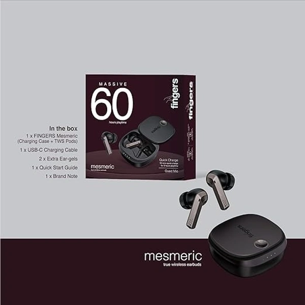 SKU-0314/ EARBUDS- FINGERS Mesmeric TWS Earbuds Immersive Sound with 10 mm Deep bass Drivers, 60 Hours Playtime, Built-in Quad Mics, SNC™ Technology, Quick Charge Type-C Fast Charging (Gun Metal + Black)