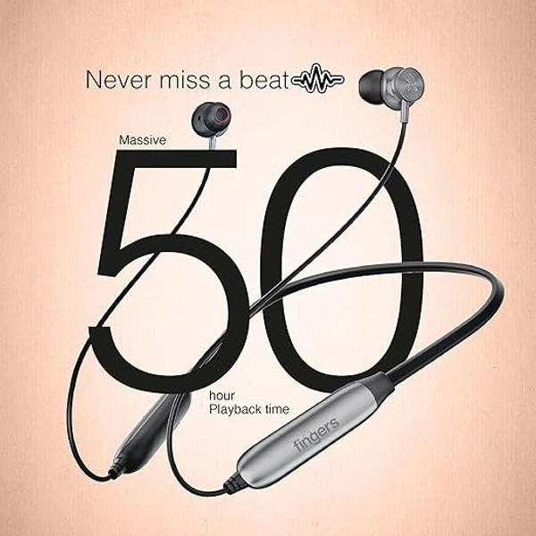 SKU-0079/ NECKBANDS- FINGERS Gig2 Wireless in-Ear Bluetooth Neckband Earphones with 50-hour Playtime, Built-in Mic with Surround Noise Cancellation SNC™ Technology, Dual Pairing, Made in India (Rich Grey)