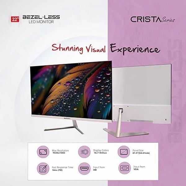 SKU-0203/ SIZE- 22"- Zebion FHD Led Frameless Monitor Crista Series, IPS Panel, 1920x1080 Pixel with Max Resolution, HDMI, VGA, Wall Mountable, Fast Response Time, 3 Year Warranty (22-Inch, 75Hz)