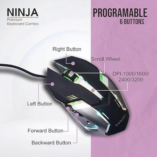 SKU-0208/ COMBO- WIRED- GAMING- Zebion Ninja Gaming Keyboard and Mouse Combo,Braided Cable,Durable Metal Body,Multimedia Keys and Gaming Mouse with 6 Buttons, Multi-Color LED Lights, High-Resolution Sensor with 3200 DPI (Black)