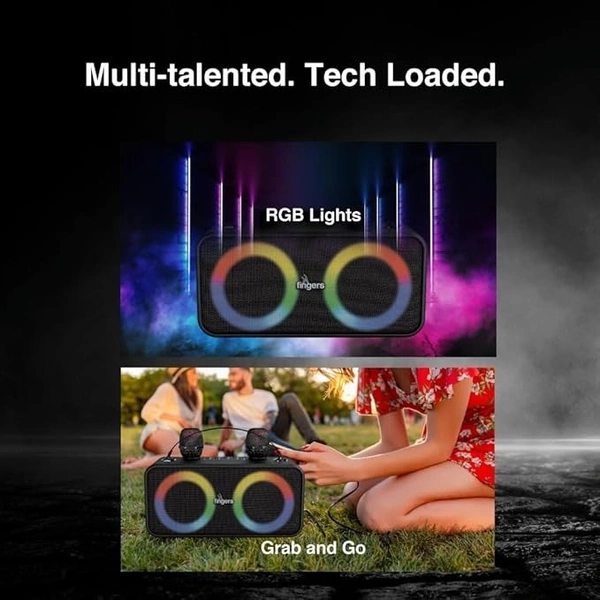 SKU-0284/ SPEAKERS- FINGERS 2Mic-Karaoke Portable Speaker with 2 Wireless Mics (RGB Lights, 6-Hour Playback, 24 W Intense Bass, Bluetooth® | USB | MicroSD | FM Radio) – Rich Black