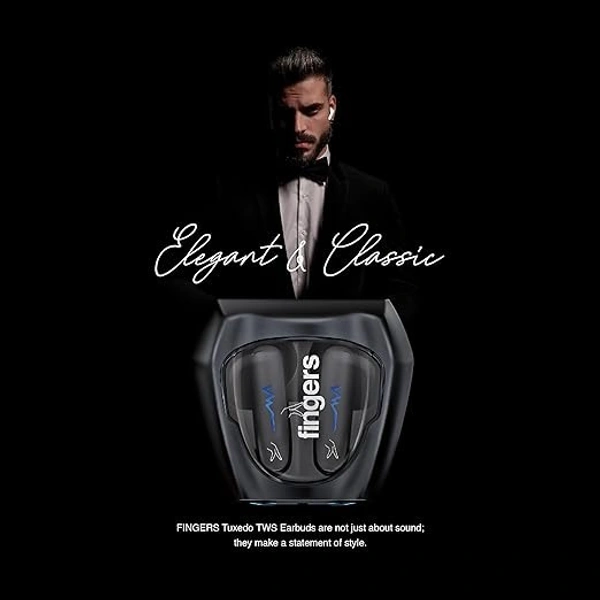 SKU-0313/ EARBUDS- FINGERS Tuxedo TWS Earbuds with 32-Hour Playtime, Fast Charging, 13mm Neodymium Drivers, Surround Noise Cancellation (SNC Technology) Built-in Mic, IPX4 Sweat Resistant, Voice Assistant (Luxe Black)