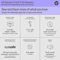 SKU-0147/ SIZE- 24"- HP Series 5 24 inch FHD Monitor, Full HD Display (1920 x 1080), IPS Panel, 99% sRGB, 1500:1 Contrast Ratio, 300 nits, Eye Ease with Eyesafe Certification, 524sa (2024)